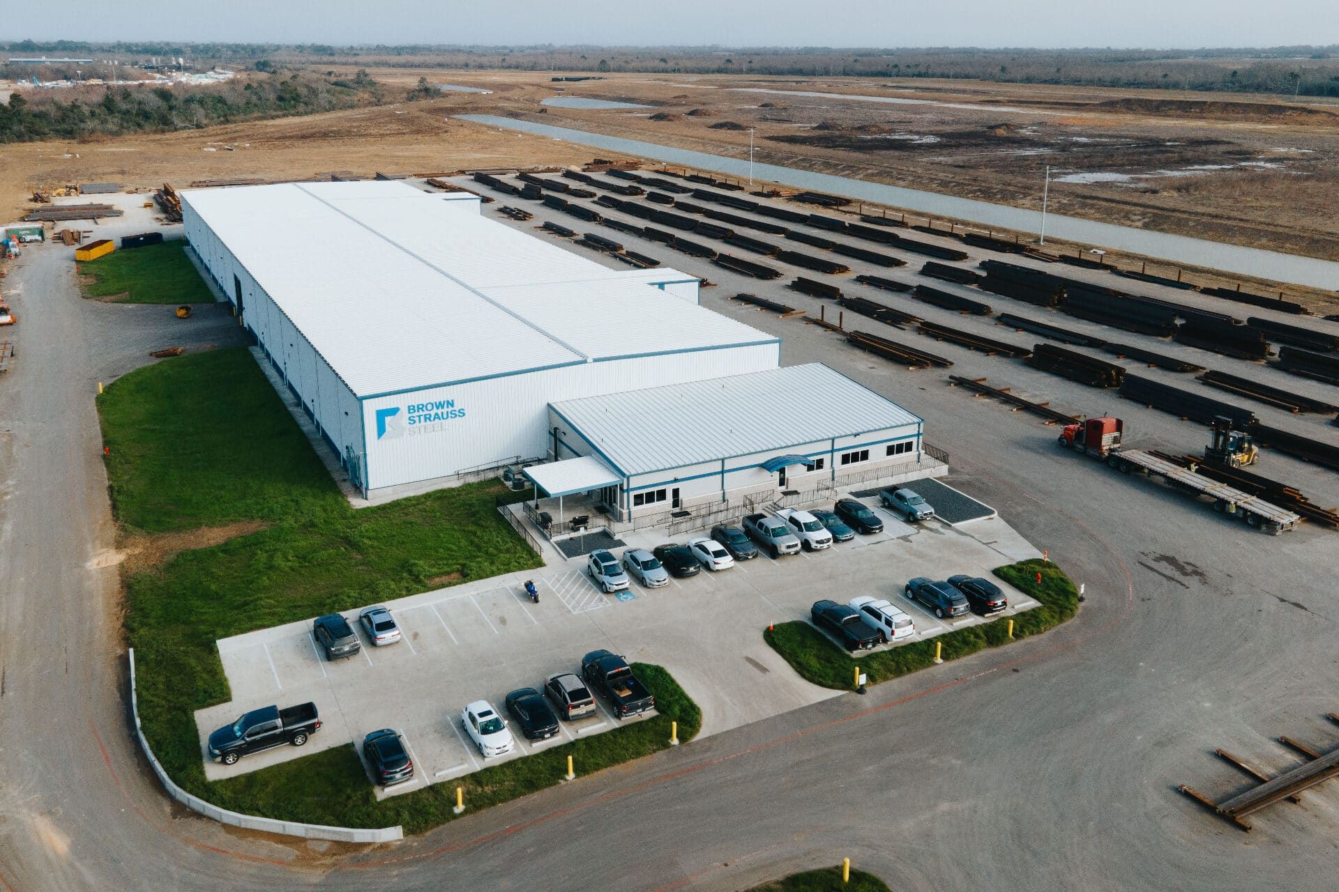 Aerial view of the Brown Strauss Houston facility and yard