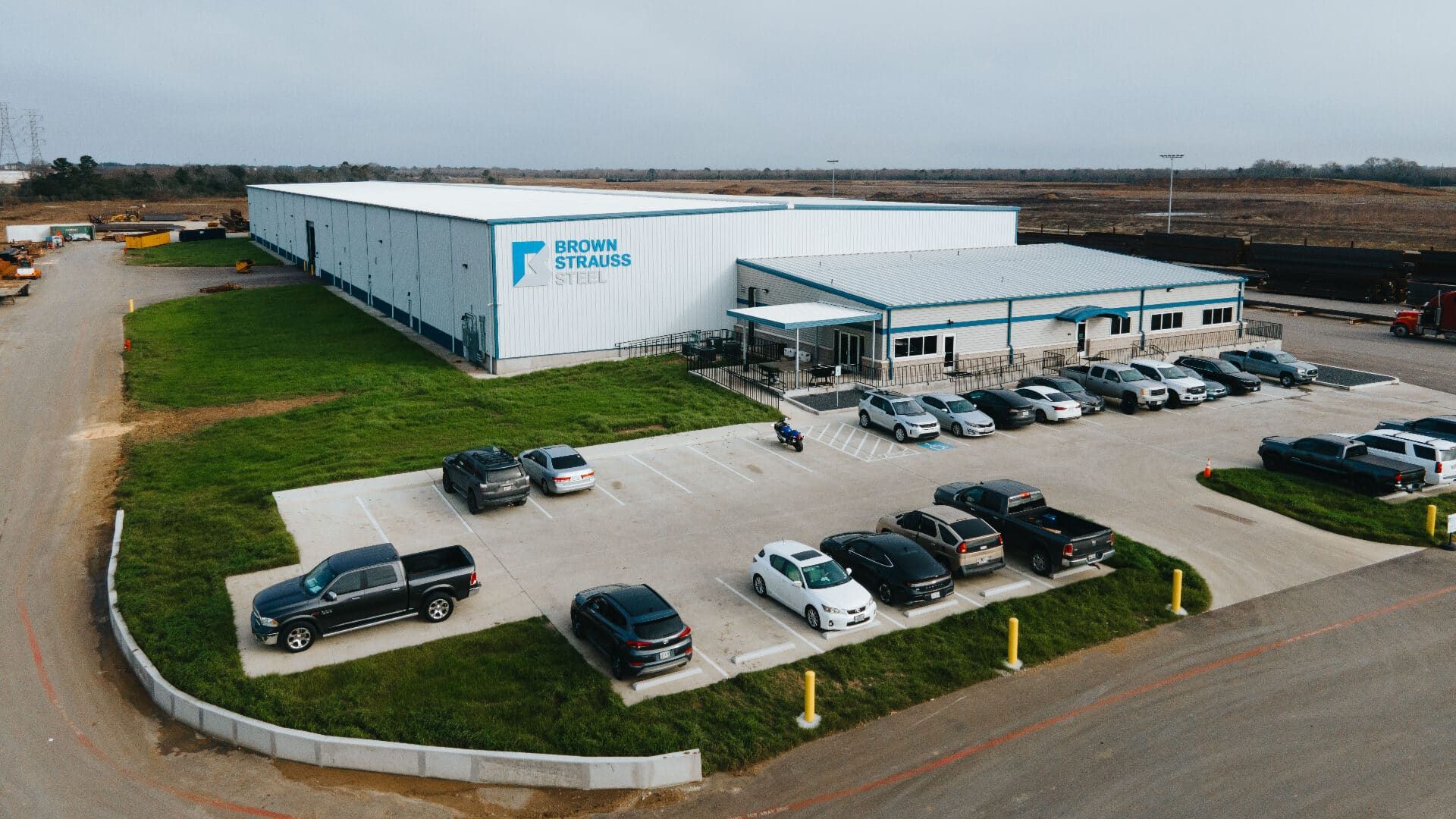 Aerial view of the Brown Strauss Houston facility front entrance