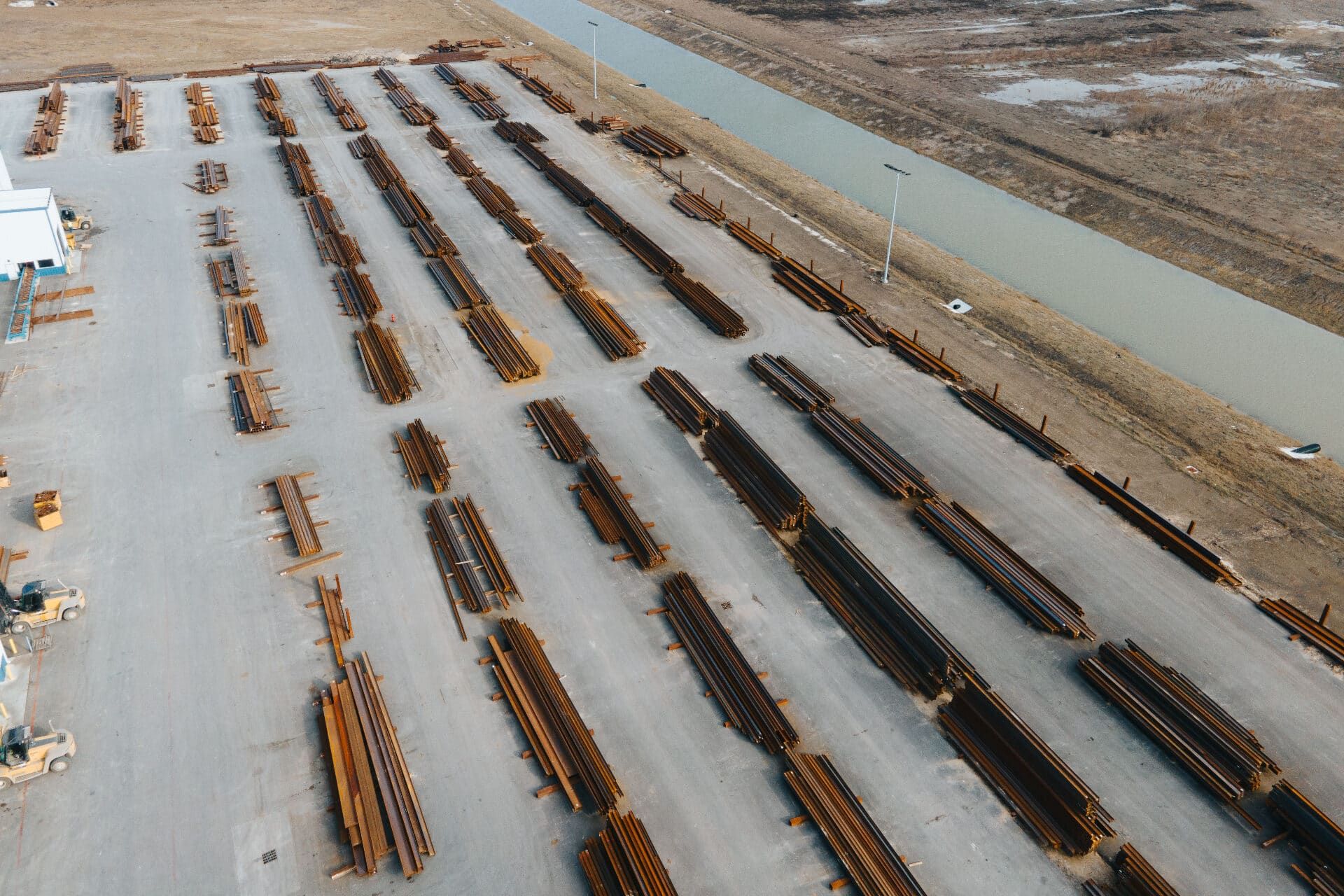 Aerial view of the Brown Strauss steel yard alongside the canal